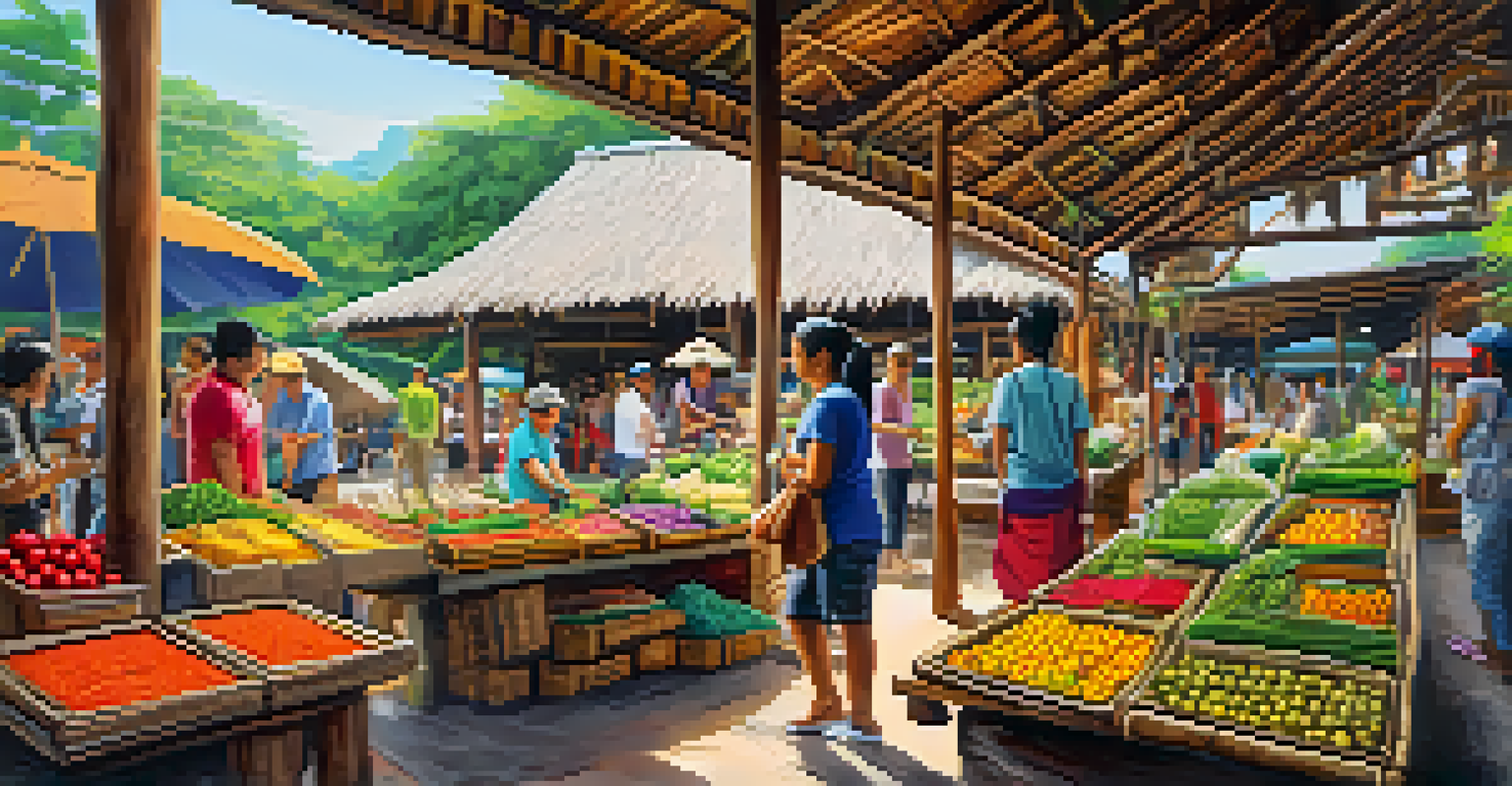 A vibrant eco-tourism market in Thailand with locals selling organic produce and handmade crafts.