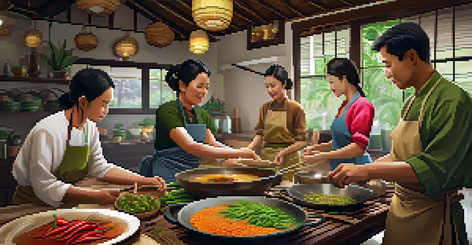 Participants in a Thai cooking class, preparing authentic dishes in a traditional kitchen filled with vibrant ingredients.