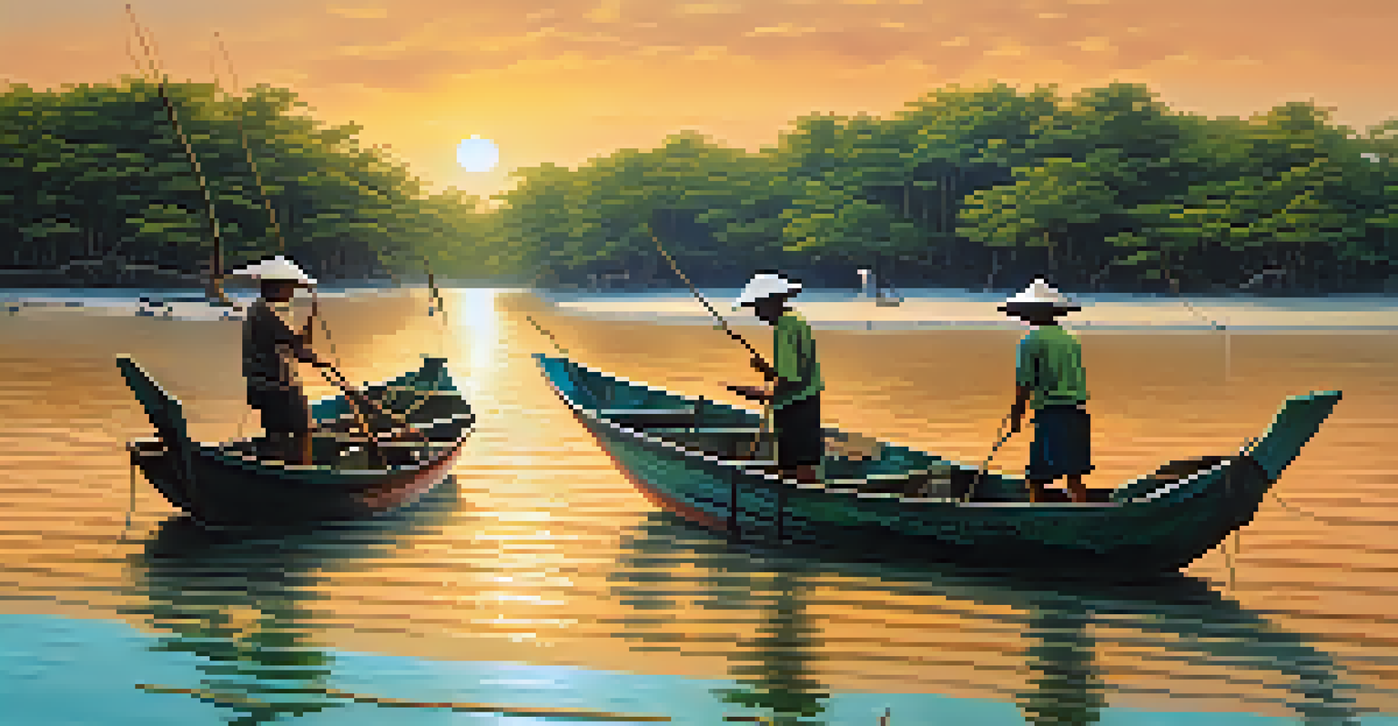 A coastal landscape in Thailand featuring turquoise waters, mangrove forests, and fishermen using traditional boats at sunset.