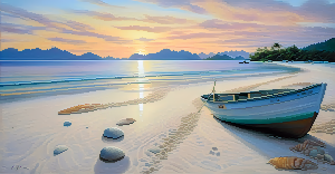 A peaceful morning scene at Sunrise Beach with soft sands and clear waters reflecting dawn hues, seashells in the foreground, and a boat in the distance.