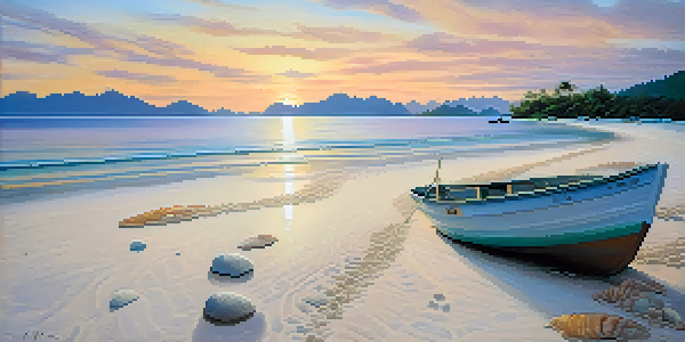 A peaceful morning scene at Sunrise Beach with soft sands and clear waters reflecting dawn hues, seashells in the foreground, and a boat in the distance.