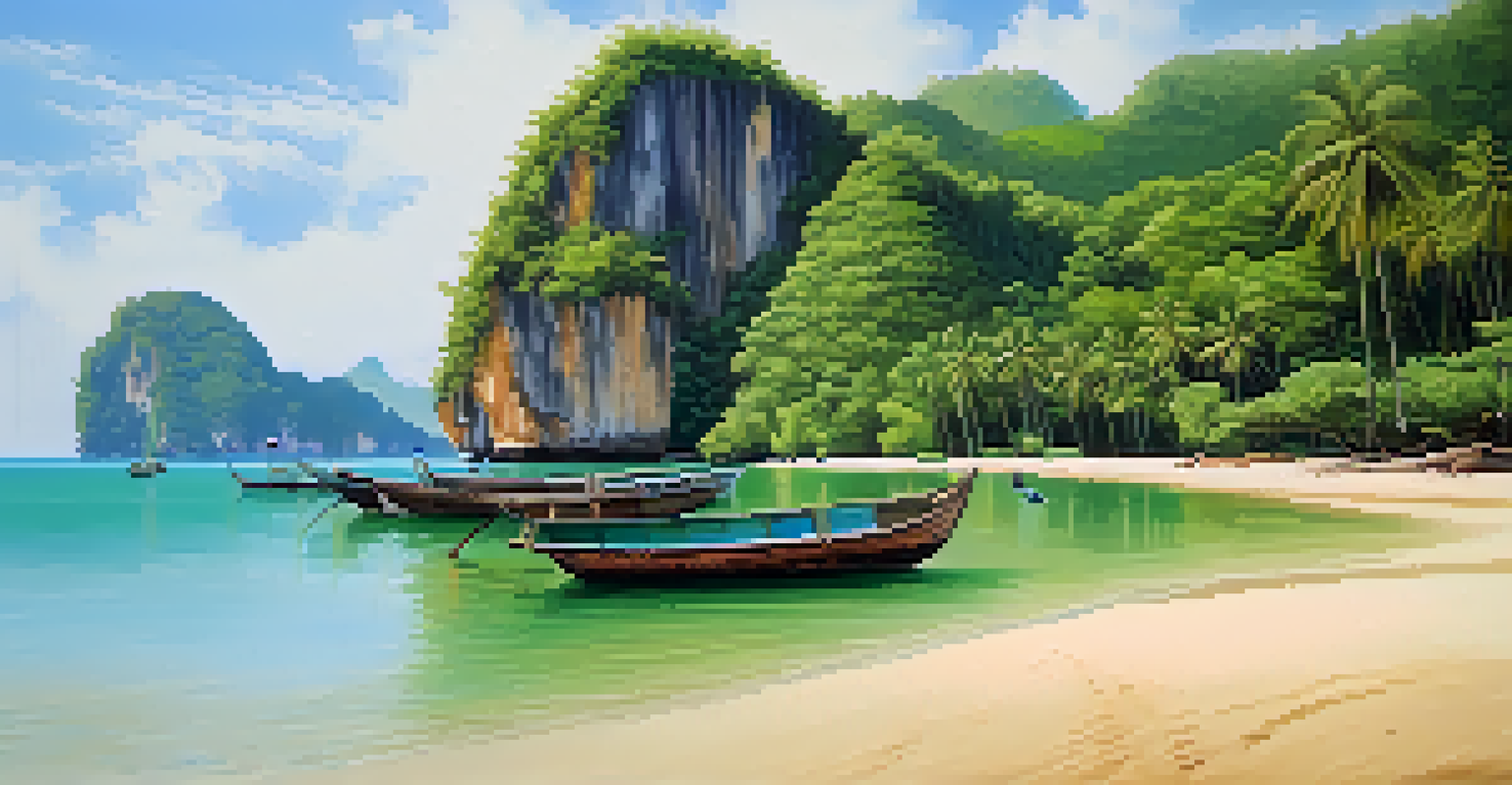 A serene beach on Koh Yao Noi with palm trees, golden sand, and turquoise waters under a sunny sky.