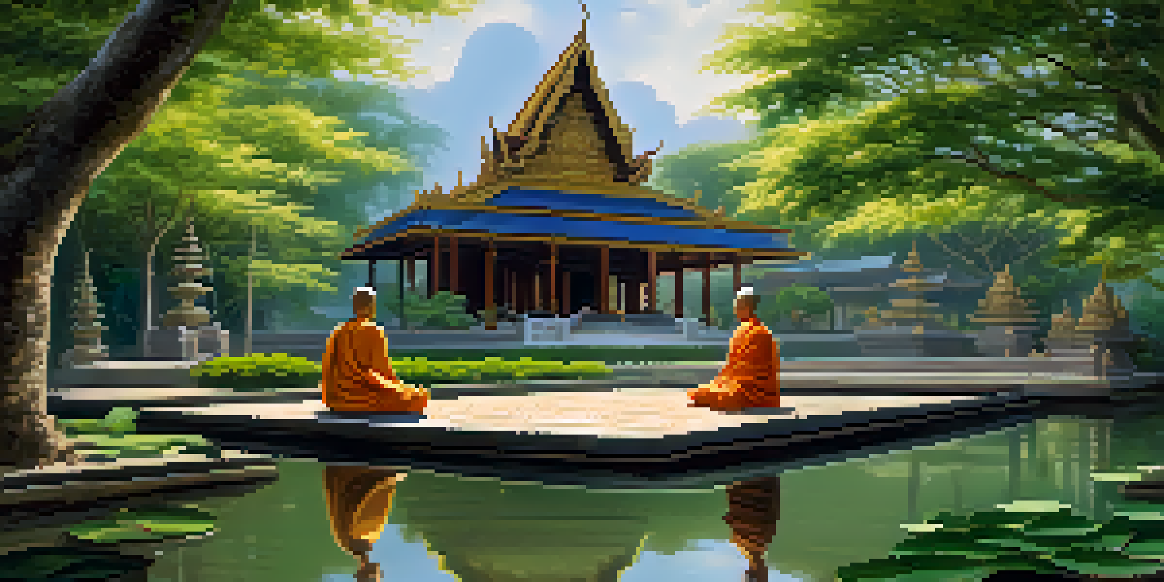 A peaceful scene of a Thai Buddhist temple with monks meditating in a garden, surrounded by greenery and a pond.
