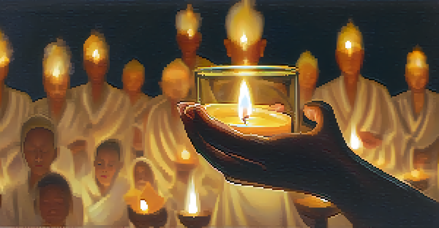A monk holding a lit candle during a procession, with blurred participants in the background, creating a warm and unified atmosphere.