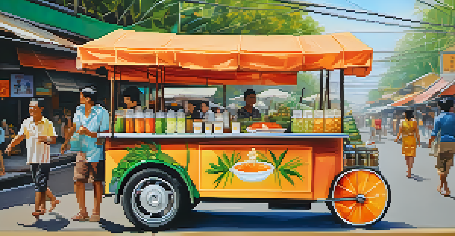 A street vendor in Thailand serving refreshing Thai iced tea, surrounded by a vibrant market atmosphere.