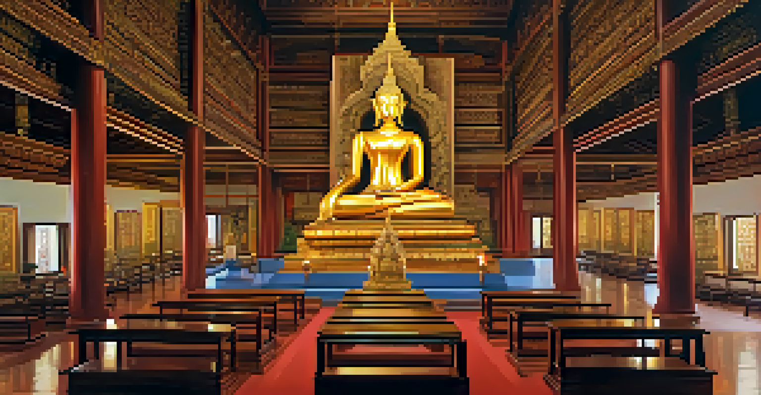 The beautifully decorated interior of Wat Phra Singh, featuring detailed wood carvings and colorful murals, with soft lighting and worshippers in prayer.