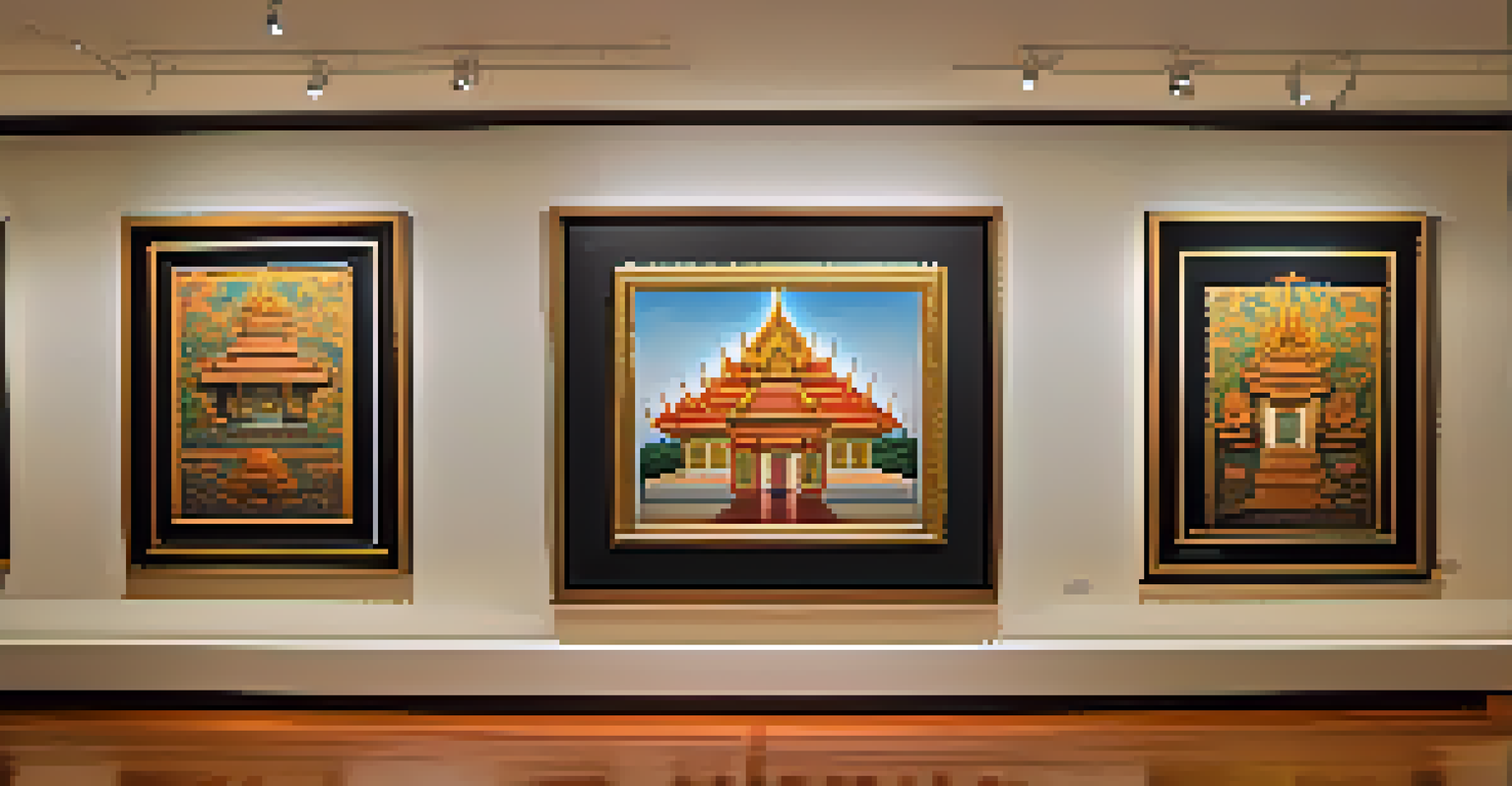 A contemporary art gallery displaying a mix of traditional Thai art and modern digital pieces, with soft lighting enhancing the colors.
