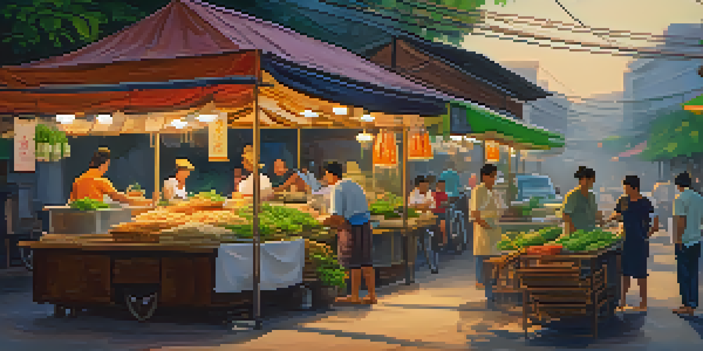 A lively Thai street food market with a vendor serving Pad Thai and spring rolls, surrounded by fresh herbs and traditional architecture under warm sunlight.