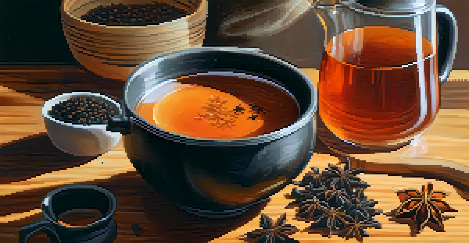 Ingredients for brewing Thai tea displayed on a wooden surface, including black tea leaves, tamarind, and star anise, with a steaming kettle in the background.