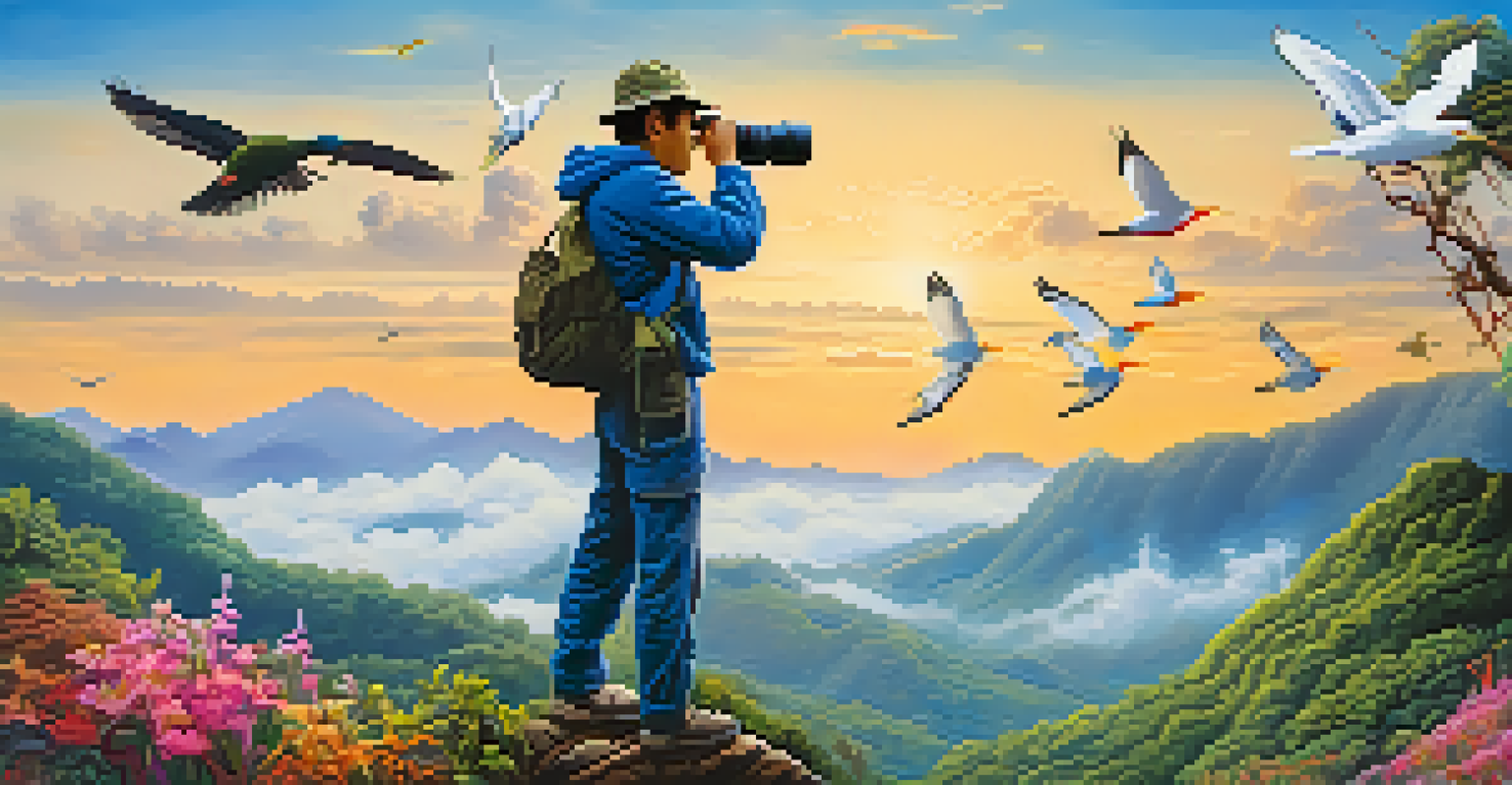 A birdwatcher enjoying the view in Doi Inthanon National Park, surrounded by colorful birds and scenic mountain landscapes.