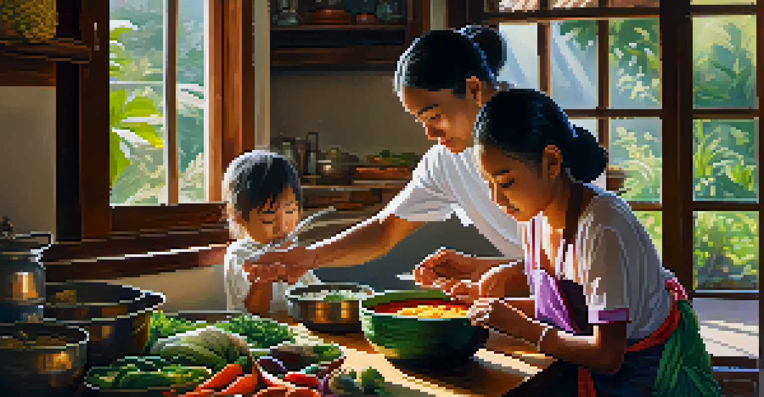 A family in a kitchen preparing traditional Thai dishes for almsgiving during Visakha Bucha, with sunlight illuminating the scene.