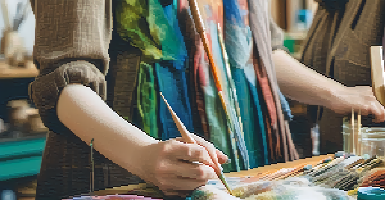 Hands working on sustainable fashion techniques in a workshop, with colorful fabrics and natural dyes in a warm, inviting light.