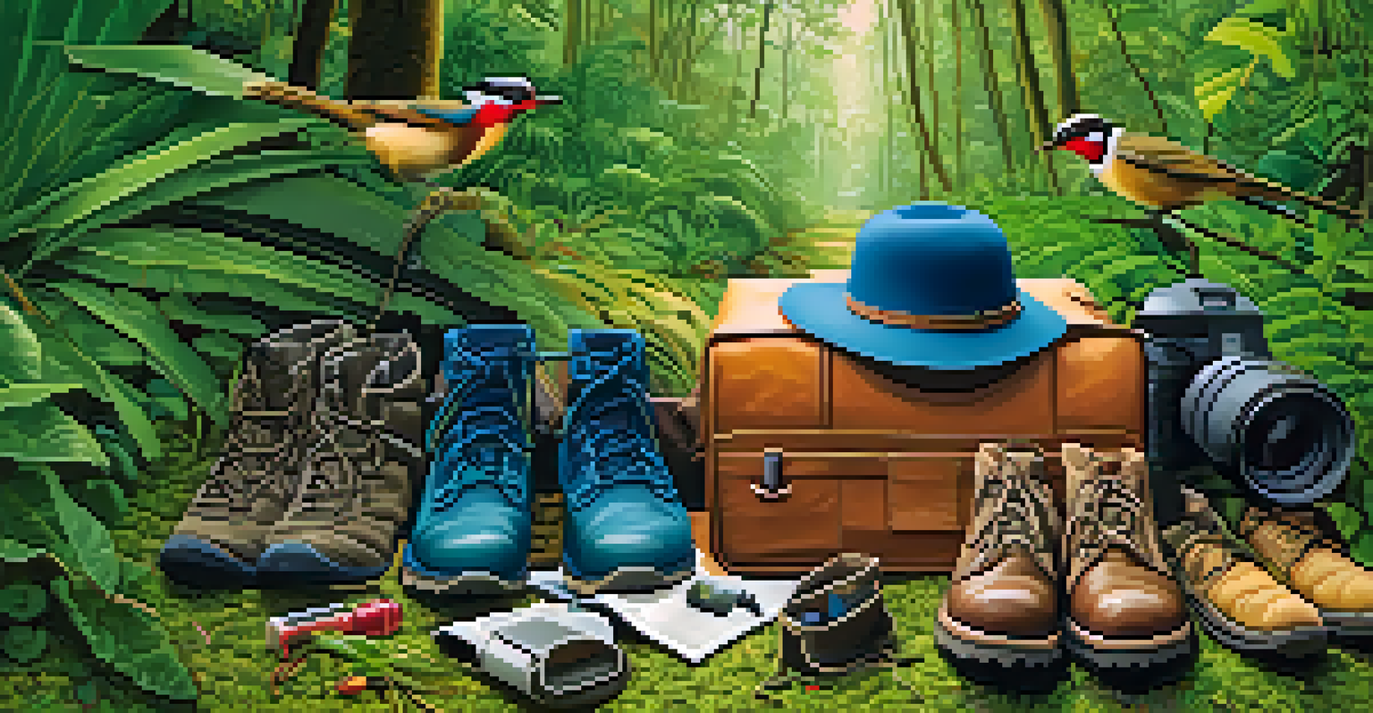 Birdwatching gear displayed on grass, including hiking boots, a hat, and a rain jacket, with a lush jungle backdrop.