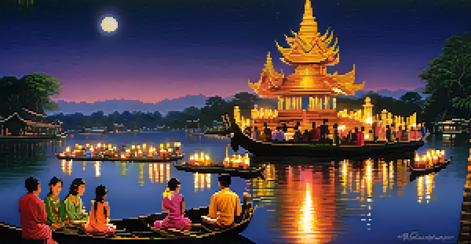 A tranquil Loy Krathong festival night with glowing krathongs floating on a river and families participating in the tradition.