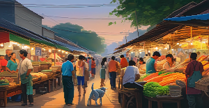 A bustling Thai street market at dusk with colorful stalls and a warm golden light, filled with fresh produce and people interacting with vendors.