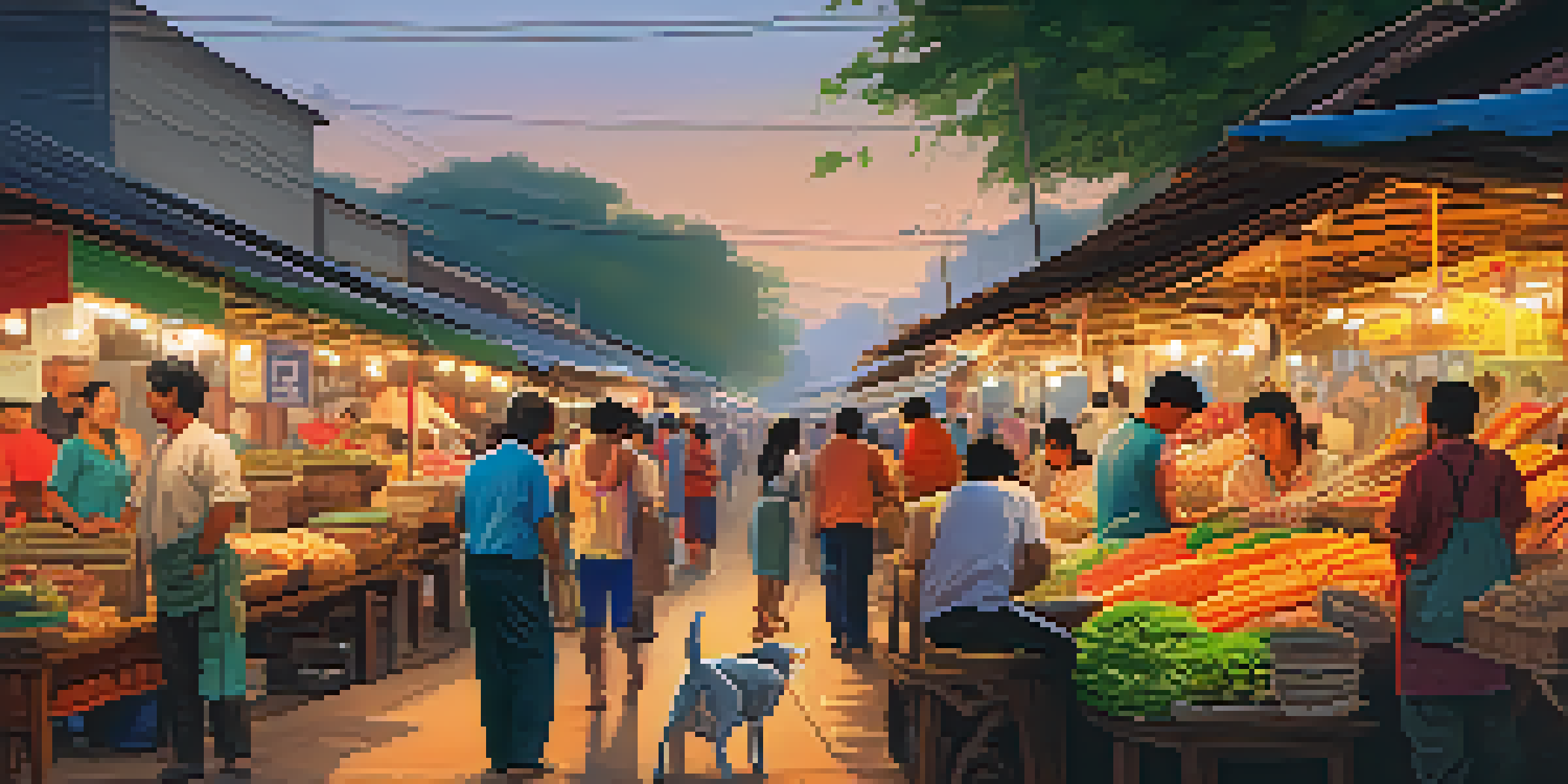 A bustling Thai street market at dusk with colorful stalls and a warm golden light, filled with fresh produce and people interacting with vendors.