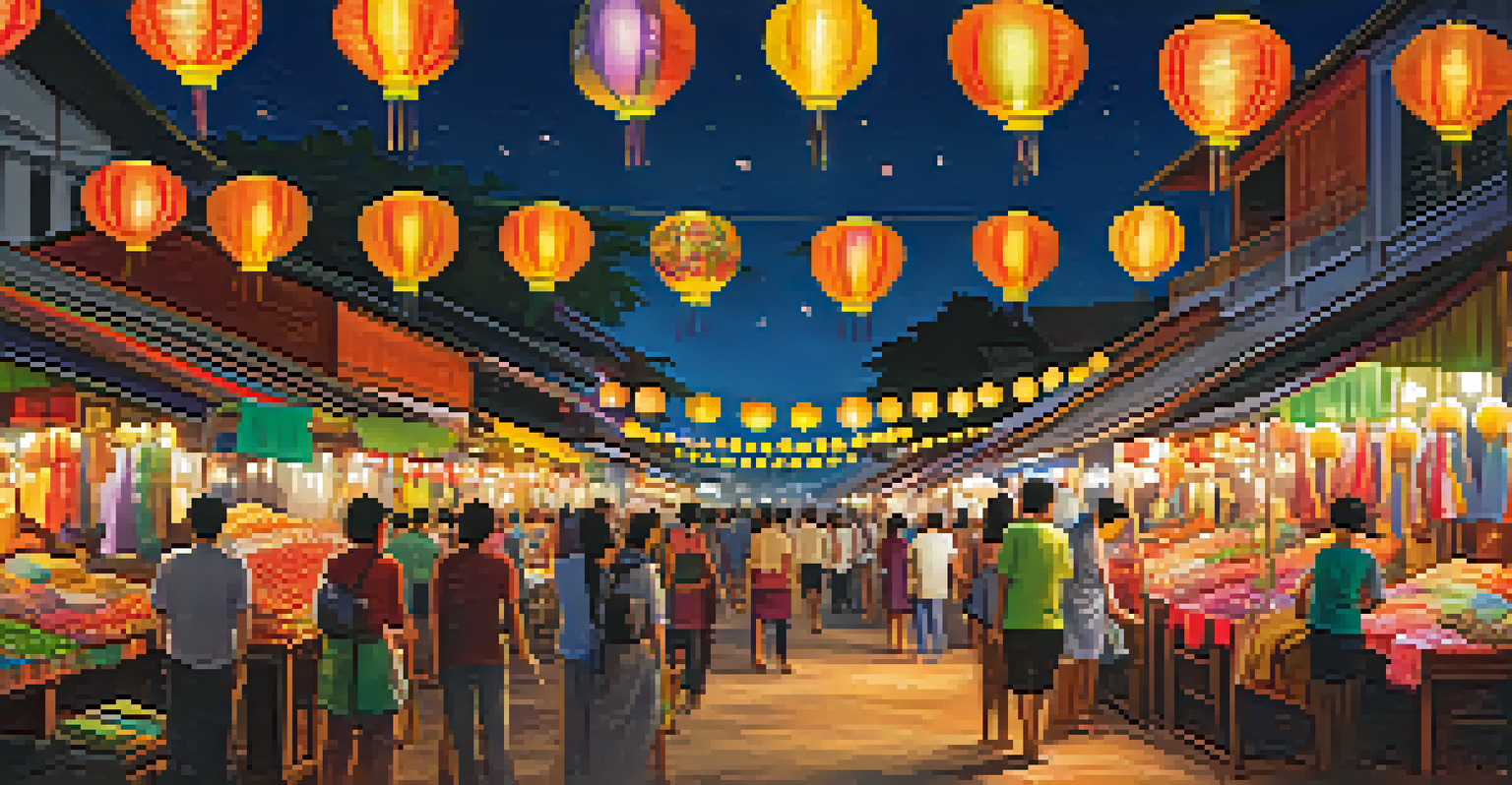 A vibrant night market in Thailand, filled with colorful stalls and illuminated by lanterns and fairy lights, creating a lively atmosphere.