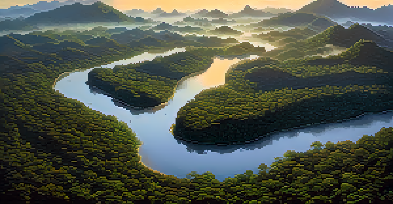 An aerial view of Kaeng Krachan National Park at sunrise, with a winding river and dense forests, featuring silhouettes of clouded leopards.