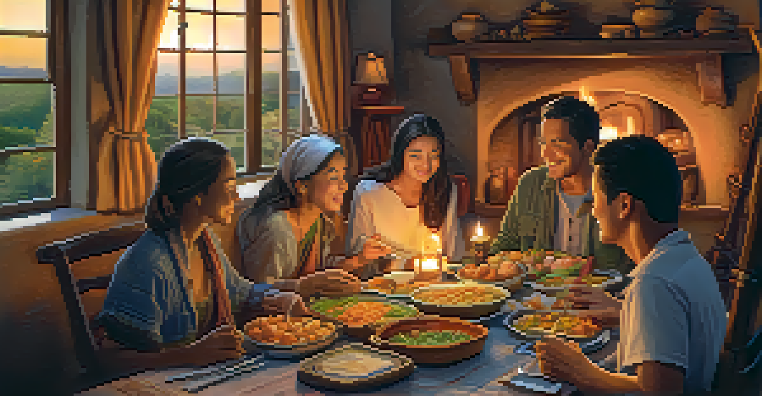 A traveler enjoying a home-cooked meal with local families, surrounded by traditional dishes and local art in a warmly lit room.