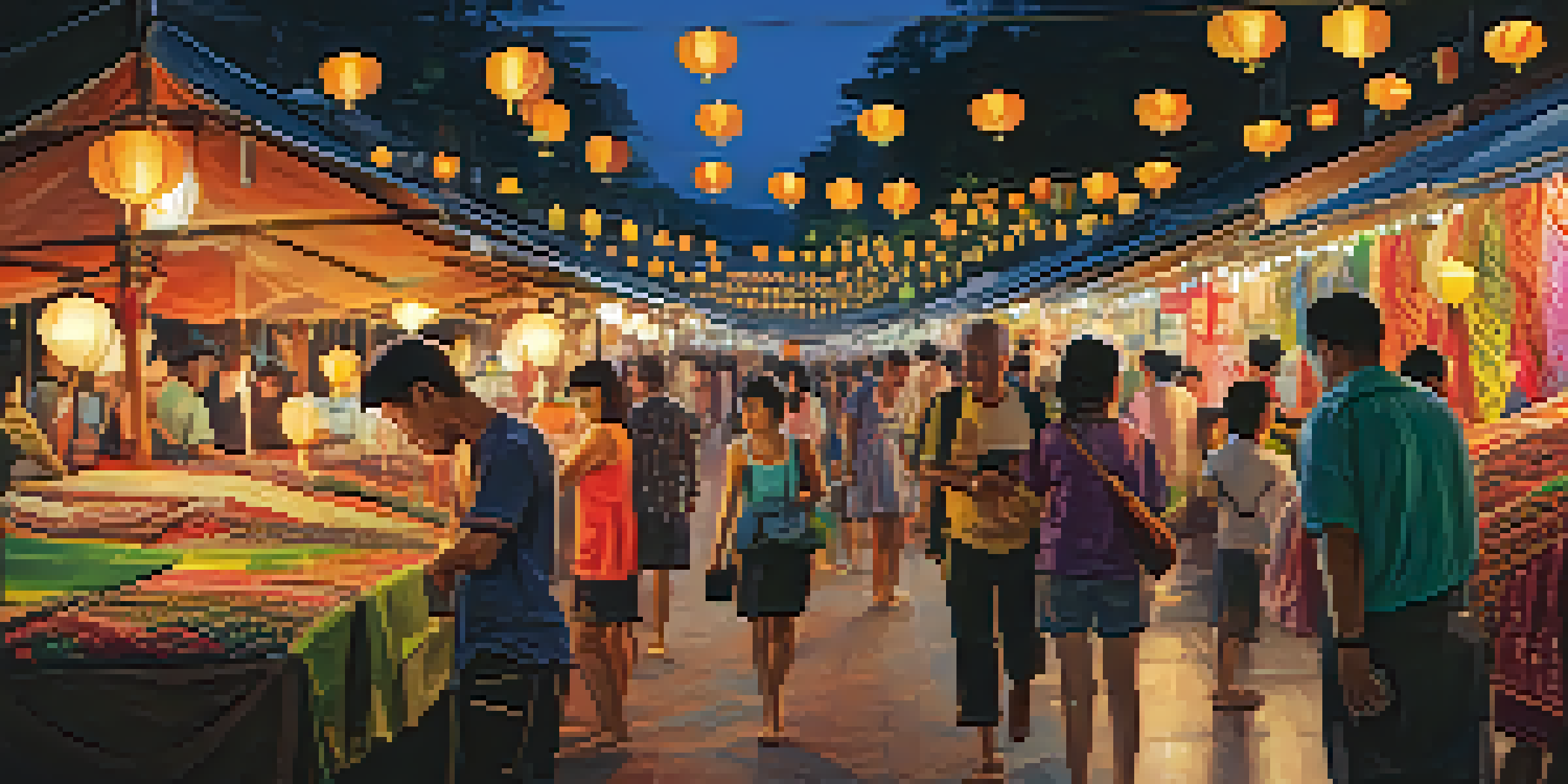 A lively market scene at Chiang Mai's Night Bazaar, filled with colorful stalls and people exploring, with street performers and glowing lanterns.