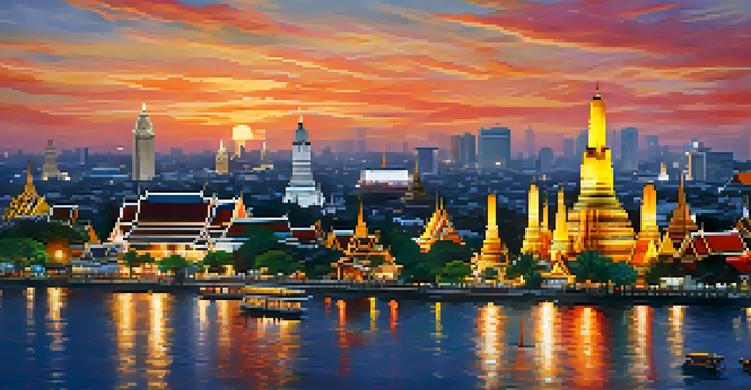 A view of Bangkok's skyline at sunset with modern skyscrapers and traditional temples.