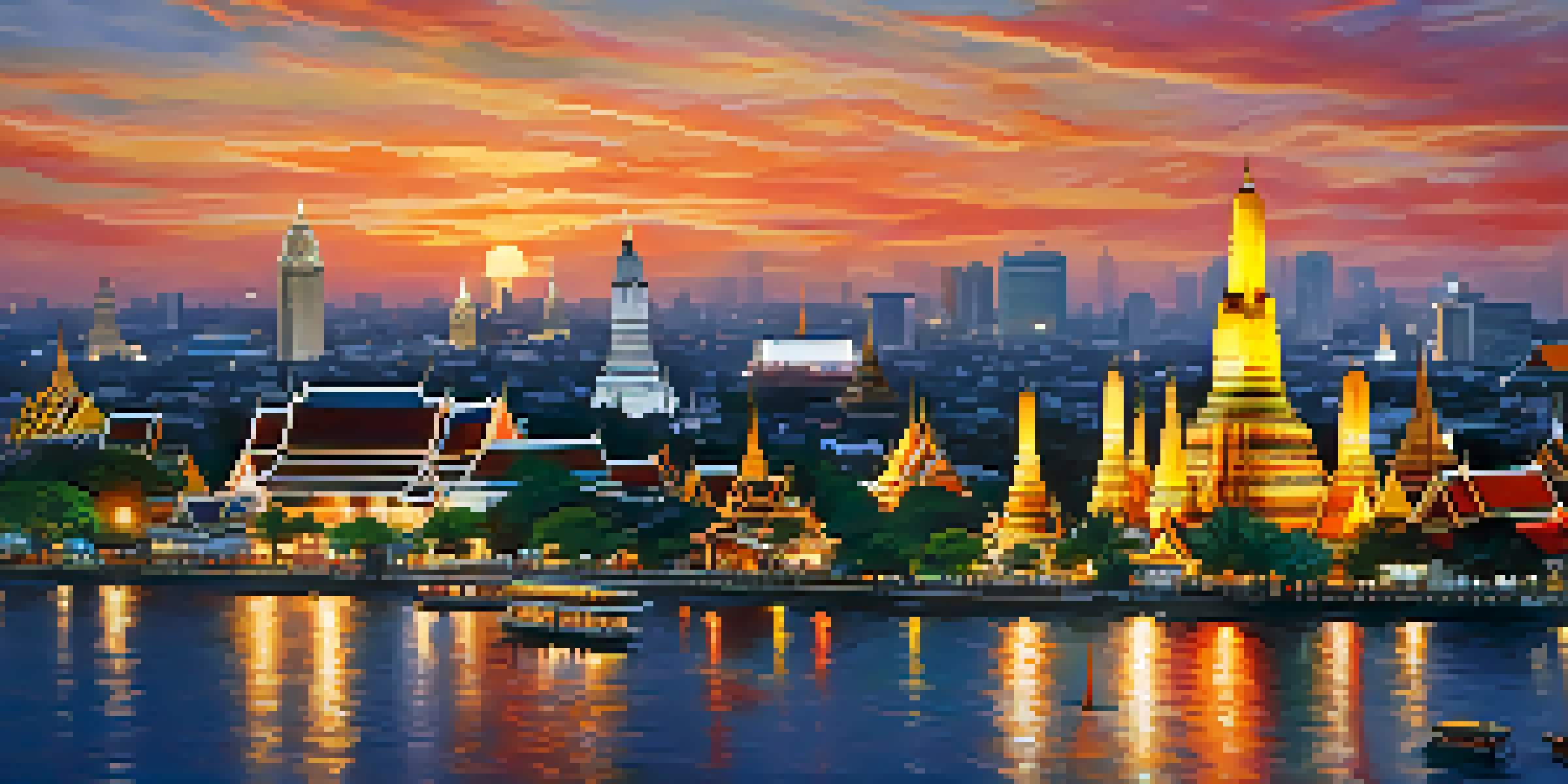 A view of Bangkok's skyline at sunset with modern skyscrapers and traditional temples.