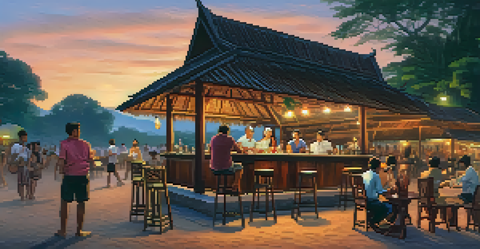 An outdoor bar in Sukhothai at sunset with cozy seating, patrons enjoying drinks, and a live band performing.