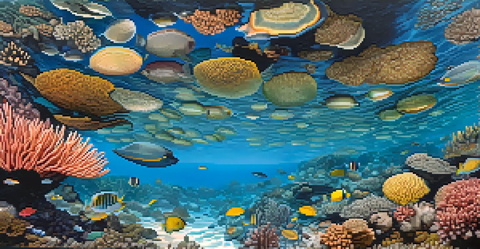 An aerial view of a colorful coral reef in the Andaman Sea, with schools of fish swimming in clear blue water.