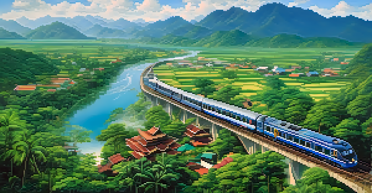 An aerial view of a train traveling through mountains and valleys in Thailand, with villages and temples visible below.