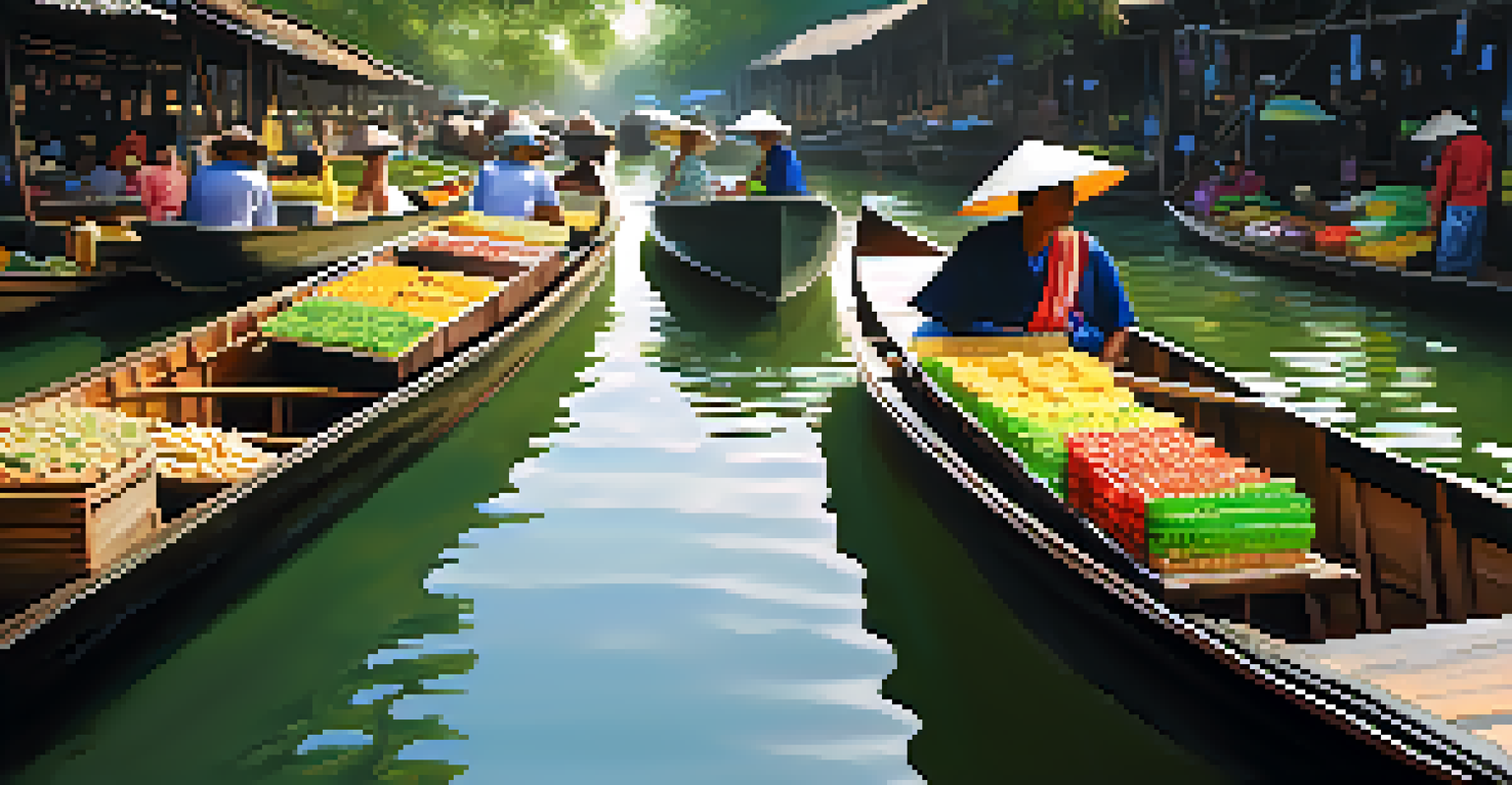 A peaceful floating market scene at Khlong Lat Mayom, with wooden boats selling crafts and snacks, bathed in soft morning light.