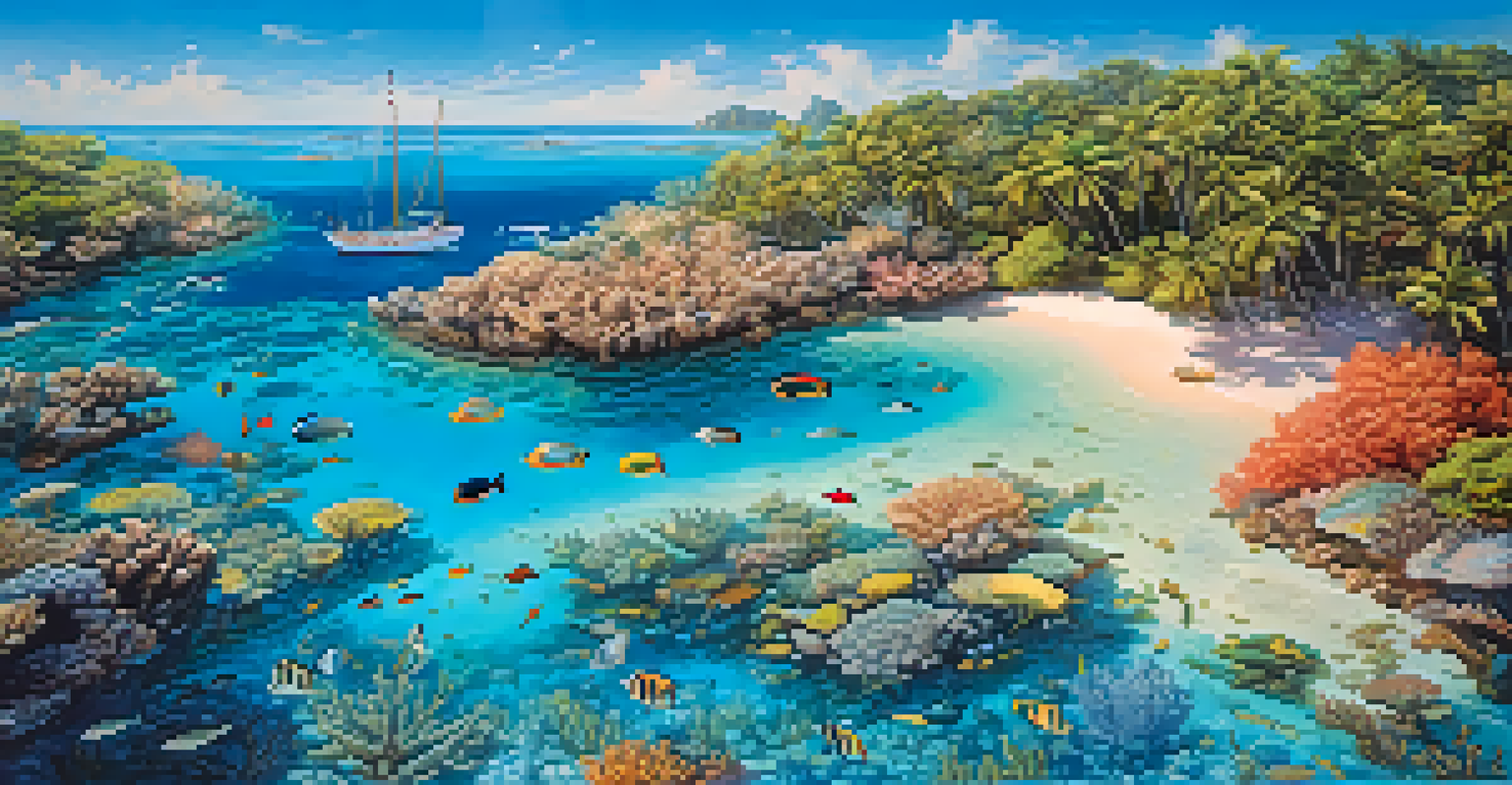 An aerial view of a vibrant coral reef and a small yacht in clear blue water, showcasing colorful marine life.
