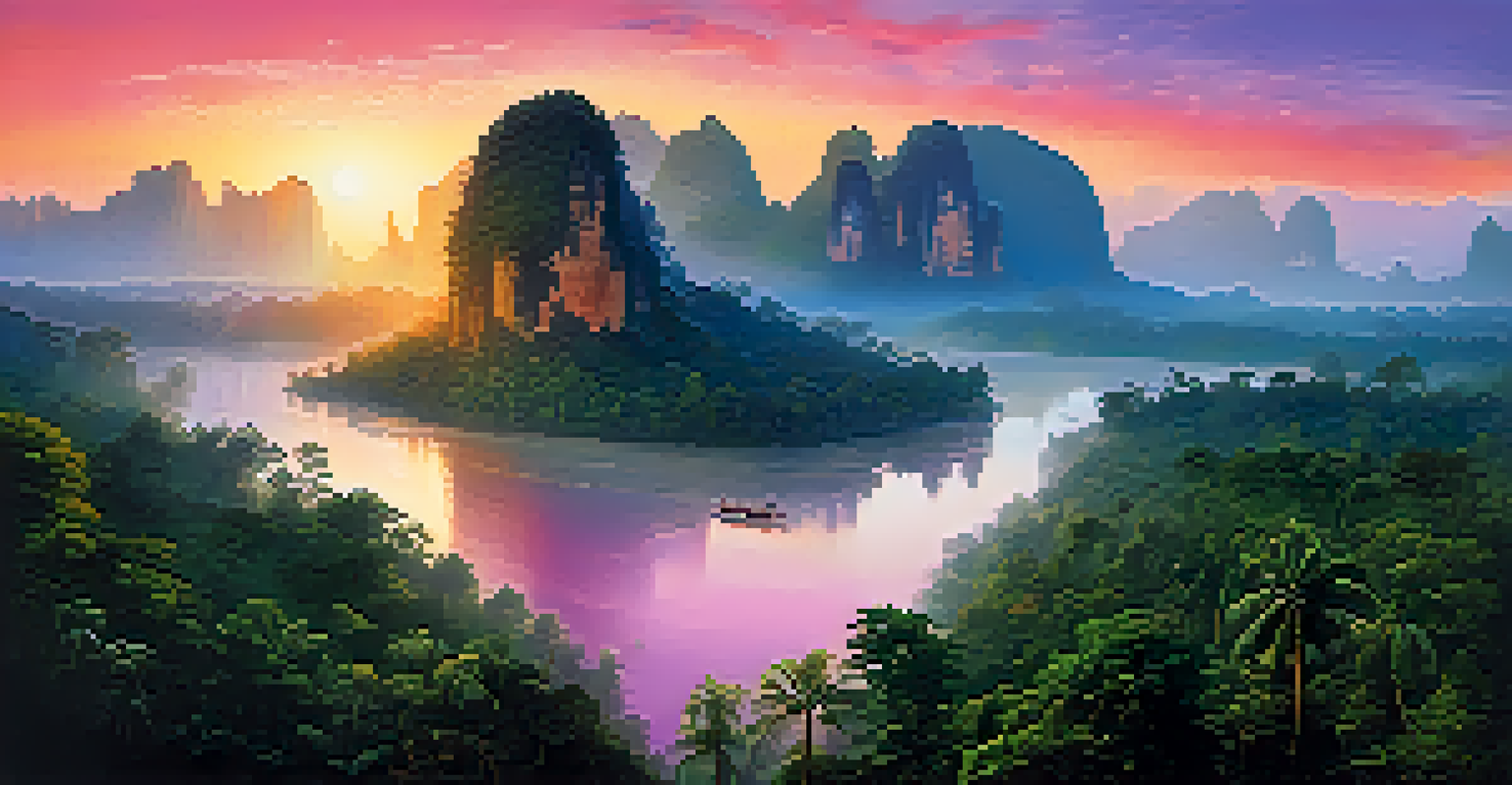 A beautiful sunrise over Khao Sok National Park, featuring misty jungles and limestone cliffs with a calm river in the foreground.