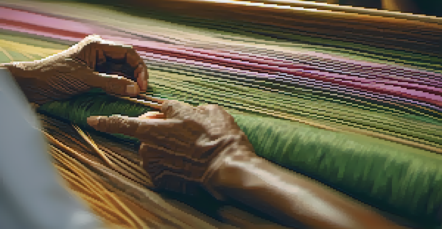 A close-up of an artisan weaving traditional Thai silk on a loom, with vibrant colors and intricate patterns.