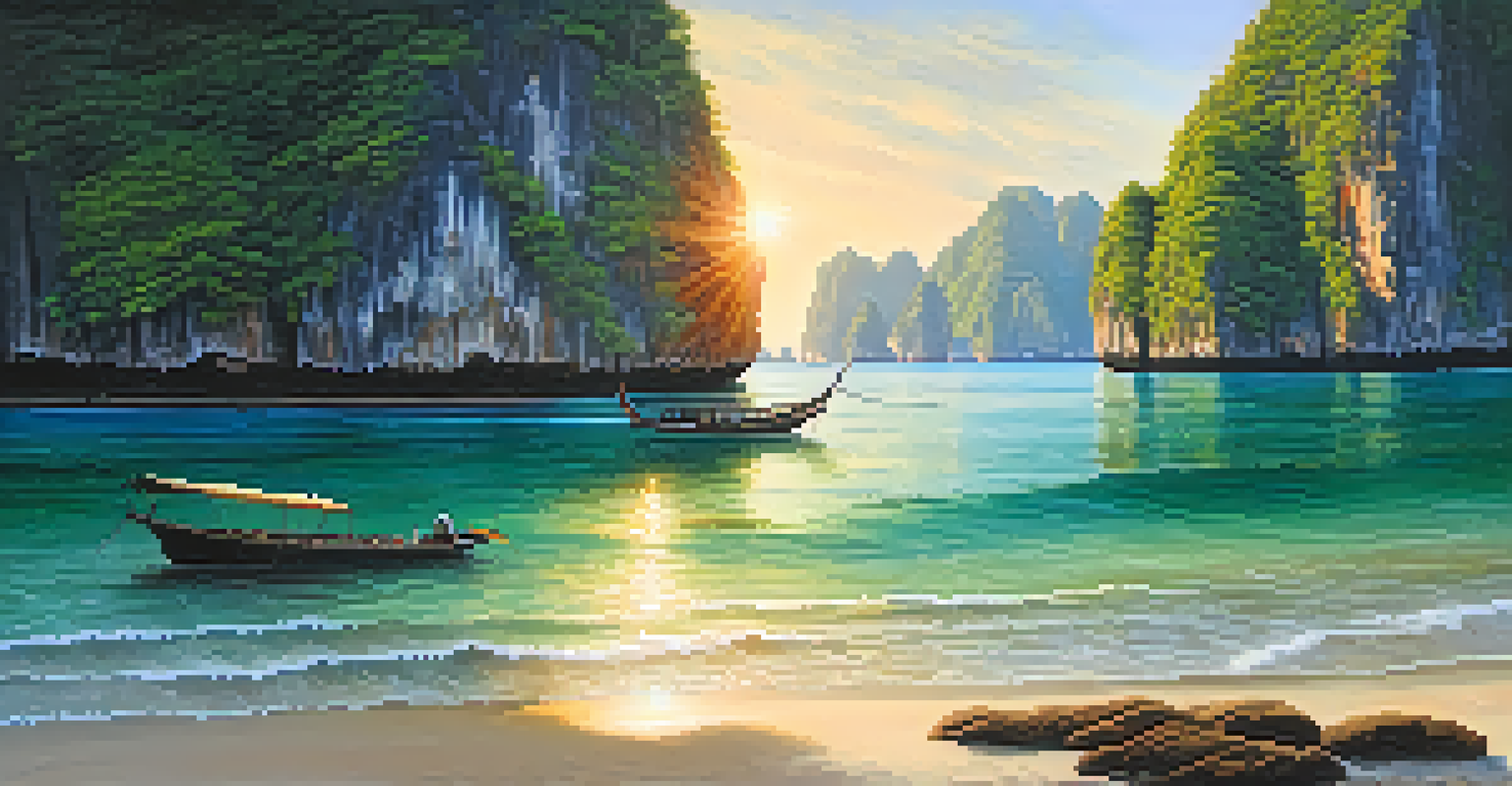 A long-tail boat on clear waters surrounded by cliffs and tropical vegetation in Thailand during sunset.