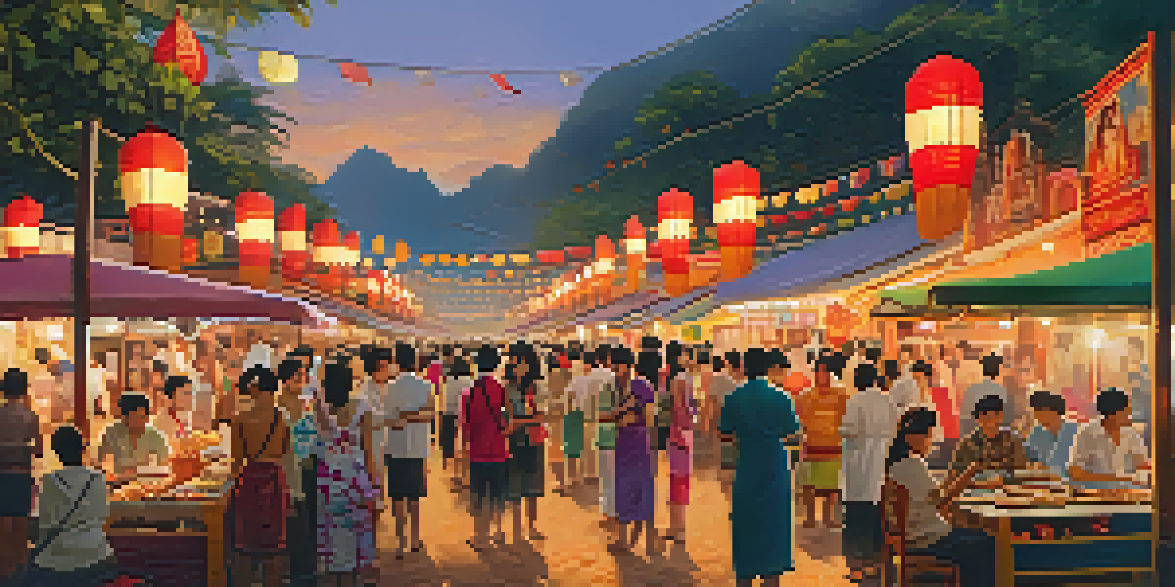A lively outdoor scene at a Thai film festival with people gathered around a theater, colorful banners, and food stalls.