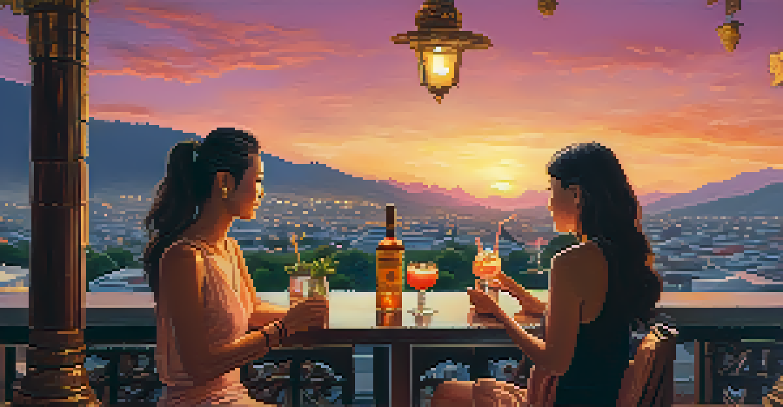 A couple enjoying cocktails at a rooftop bar in Chiang Mai, with a sunset view over the Old City and mountains.