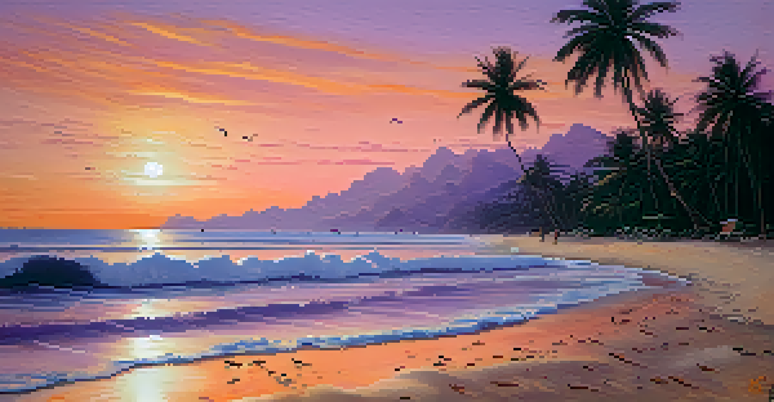 A tranquil Thai beach during sunset with colorful skies and palm trees silhouetted against the horizon.