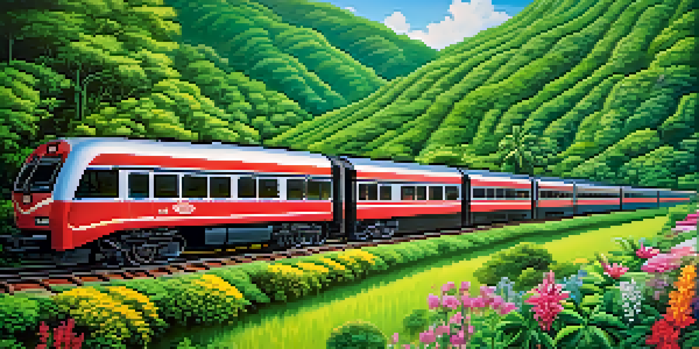 A scenic train journey through lush jungles and rolling hills in Thailand, with a blue sky overhead.