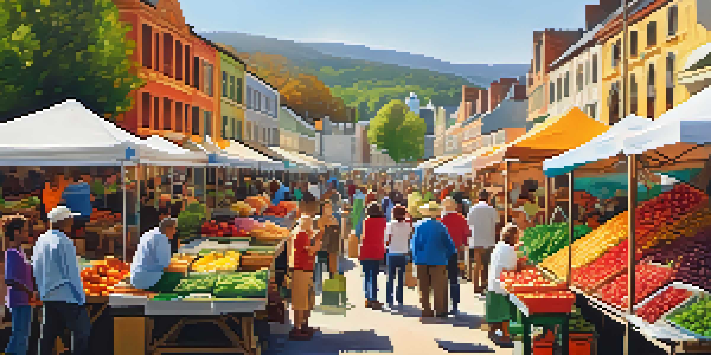 A lively outdoor market with families exploring colorful stalls and children enjoying activities like face painting under warm sunlight.