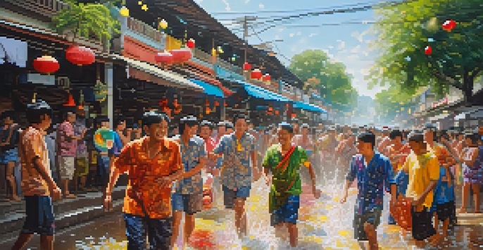 A lively street scene during the Songkran Festival in Thailand, where people are splashing water on each other, surrounded by colorful decorations and wearing bright clothing.
