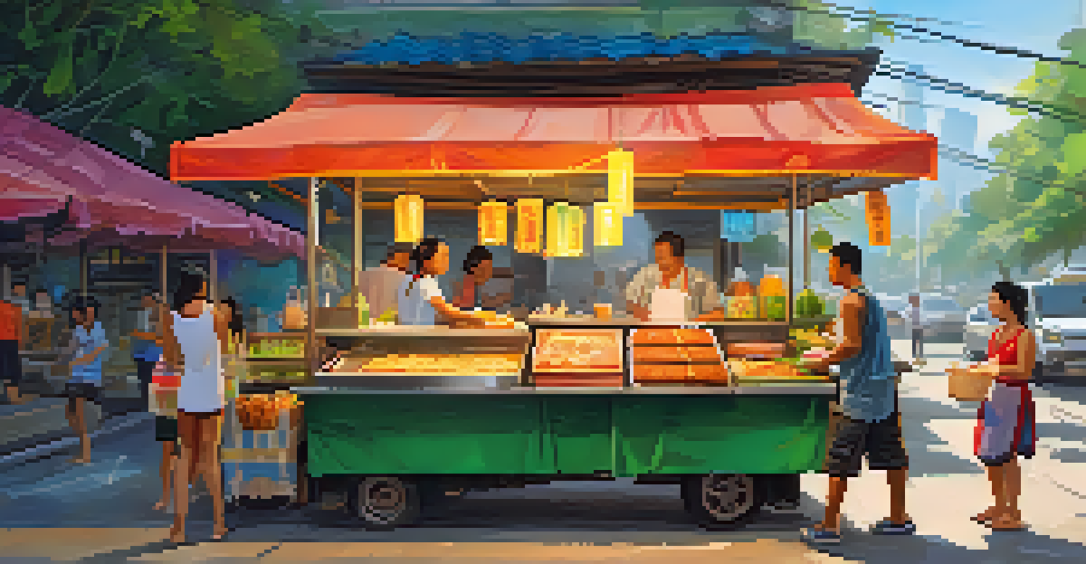 A colorful daytime street food stall in Bangkok, displaying a variety of dishes and a smiling vendor serving food to a customer.