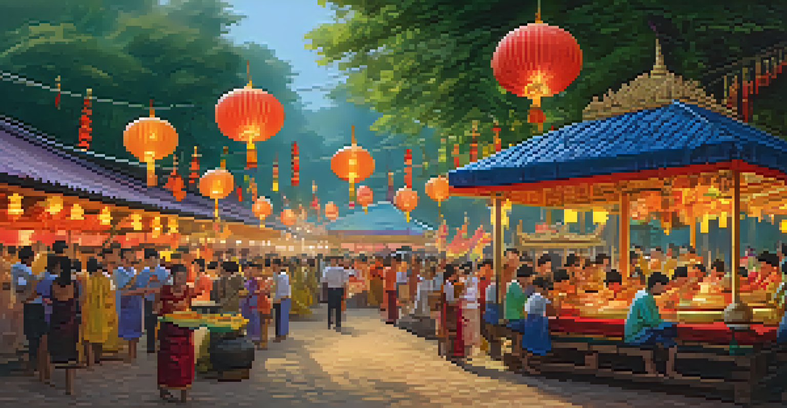 A lively traditional Thai festival with colorful decorations, performers, and food stalls, set under lantern-lit trees.