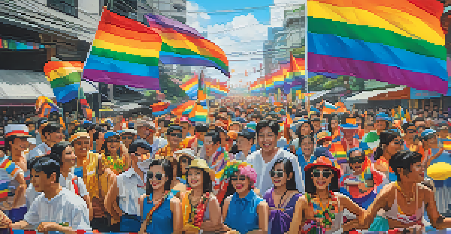 A bustling Pride parade in Bangkok with colorful floats and participants celebrating with rainbow flags.