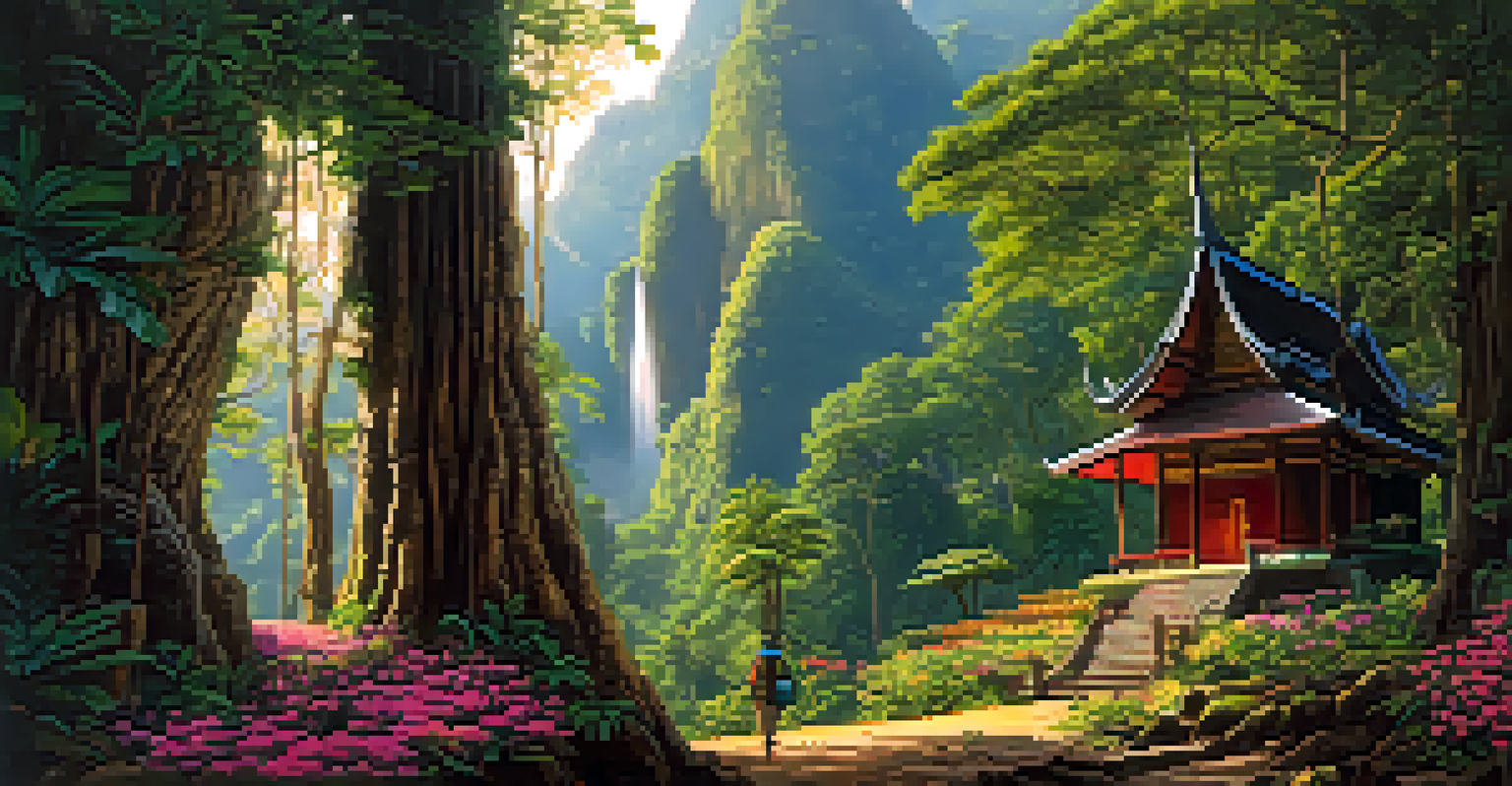 A serene shrine along a hiking trail in Khao Sok National Park, surrounded by lush greenery and sunlight, with a hiker reflecting nearby.