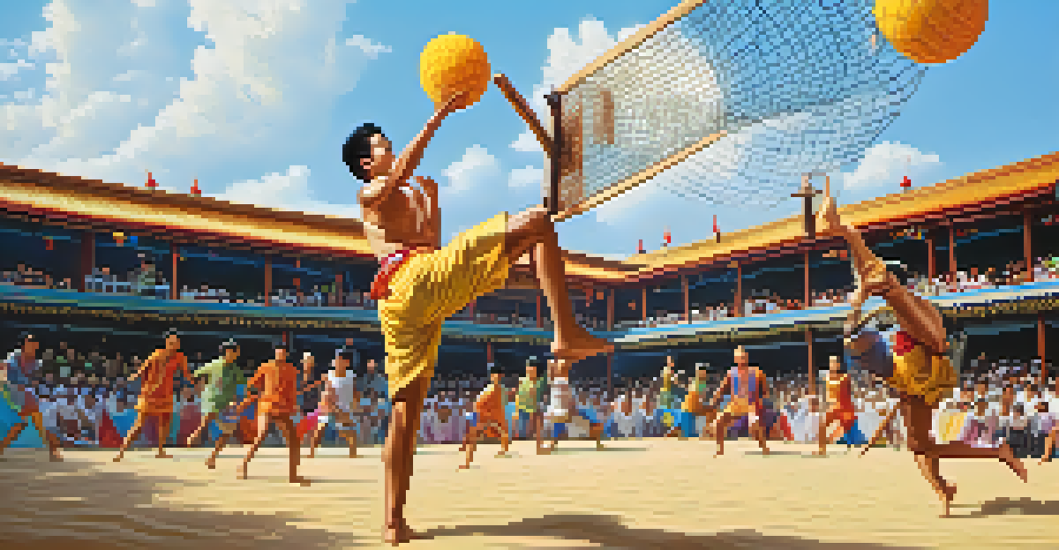 Players performing acrobatic kicks in a Sepak Takraw game, surrounded by festive decorations.