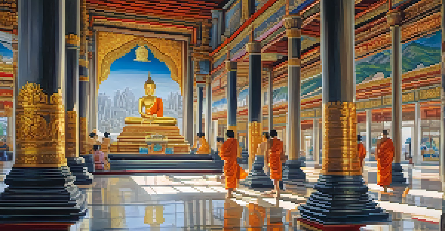 An interior view of Wat Traimit showing colorful murals and soft light illuminating the temple's beautiful architecture.