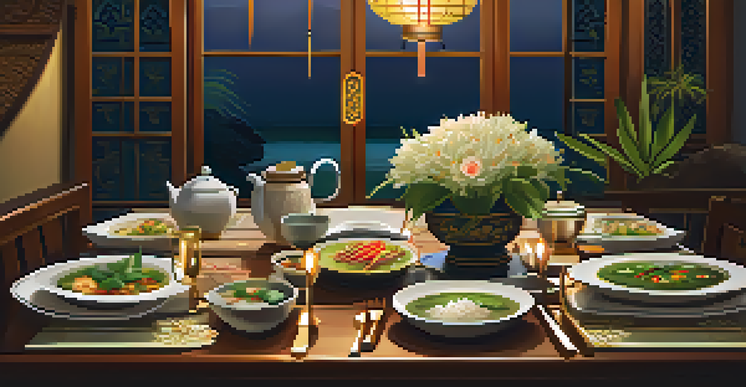 A beautifully arranged Thai dining table featuring Tom Yum soup, green curry, jasmine rice, and adorned with flowers and candlelight.