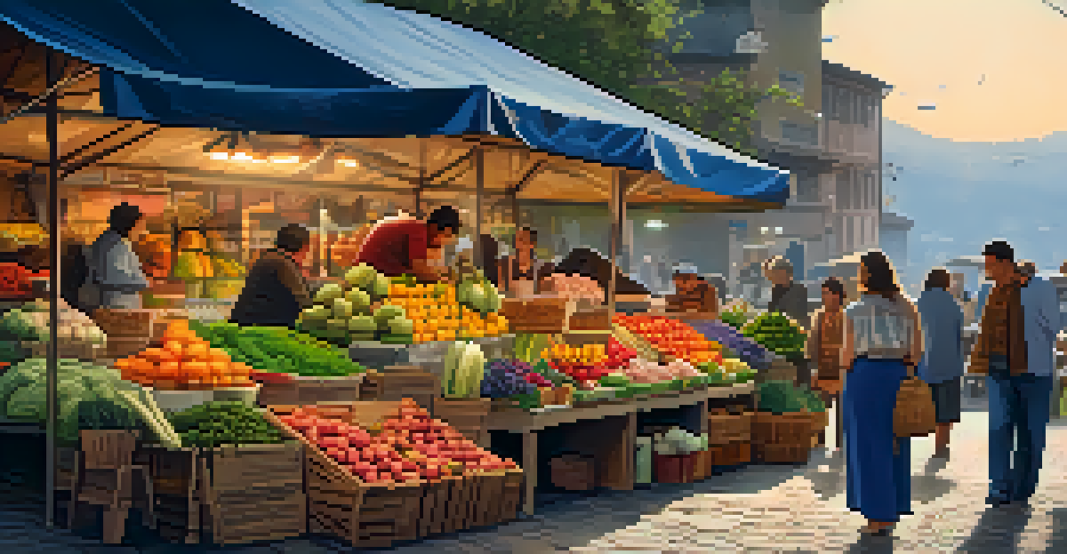 A local market filled with colorful fruits, vegetables, and artisans interacting with visitors.