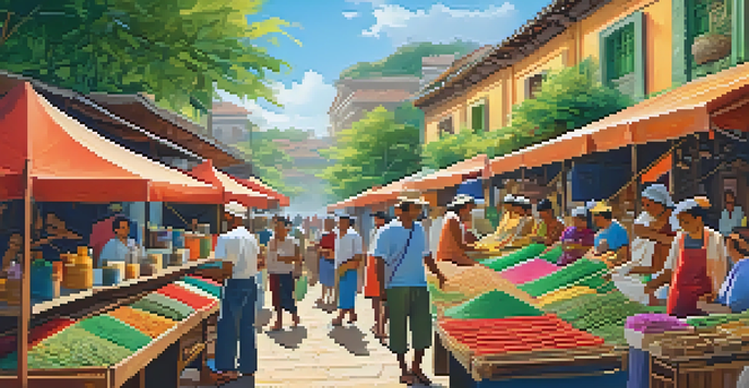 A sunny outdoor market with local artisans crafting traditional handicrafts, colorful stalls, and tourists interacting with them.