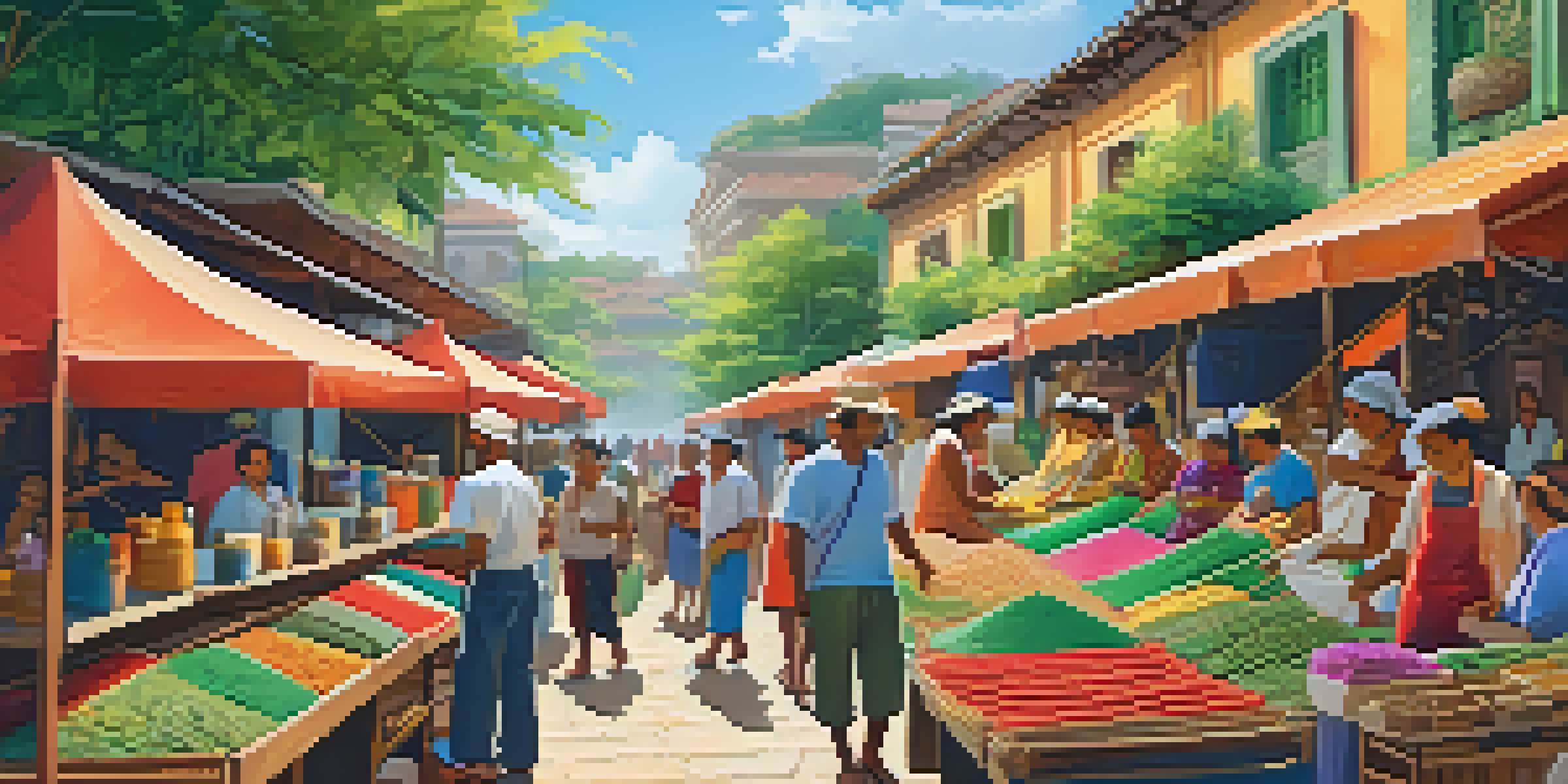 A sunny outdoor market with local artisans crafting traditional handicrafts, colorful stalls, and tourists interacting with them.